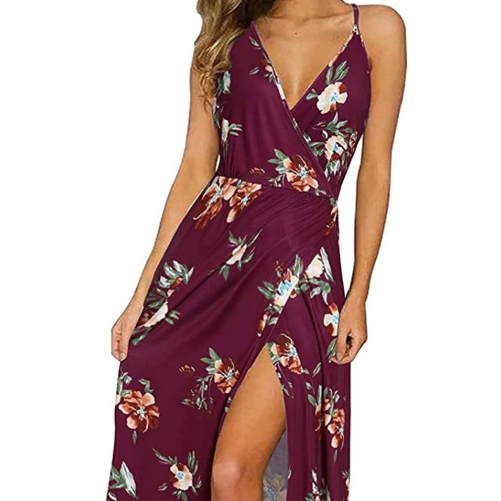 Floral Maxi Dress - spaghetti strap with wrap skirt/slit